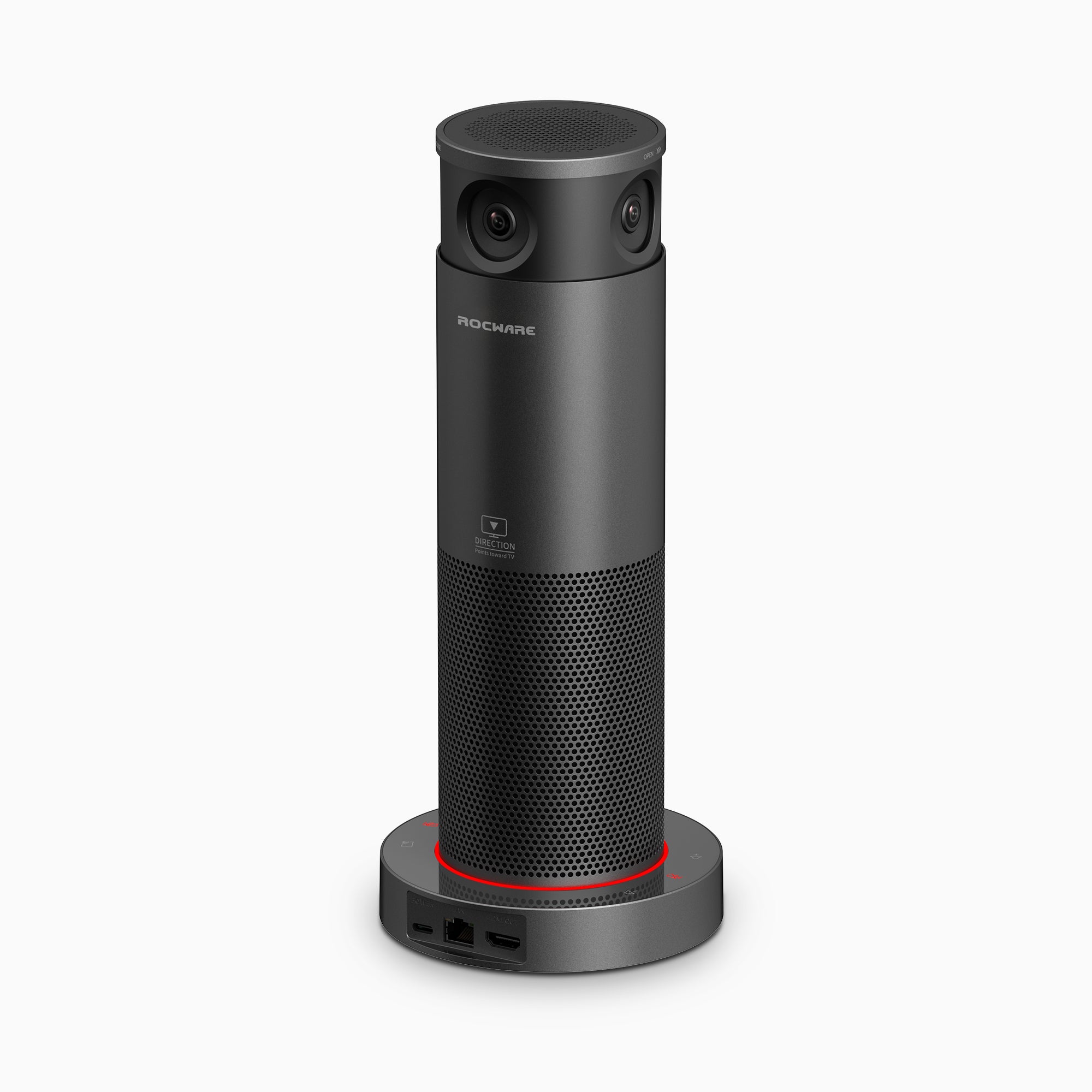 Rocware RC360 conference camera with dual lenses and a base, highlighting its AI features.