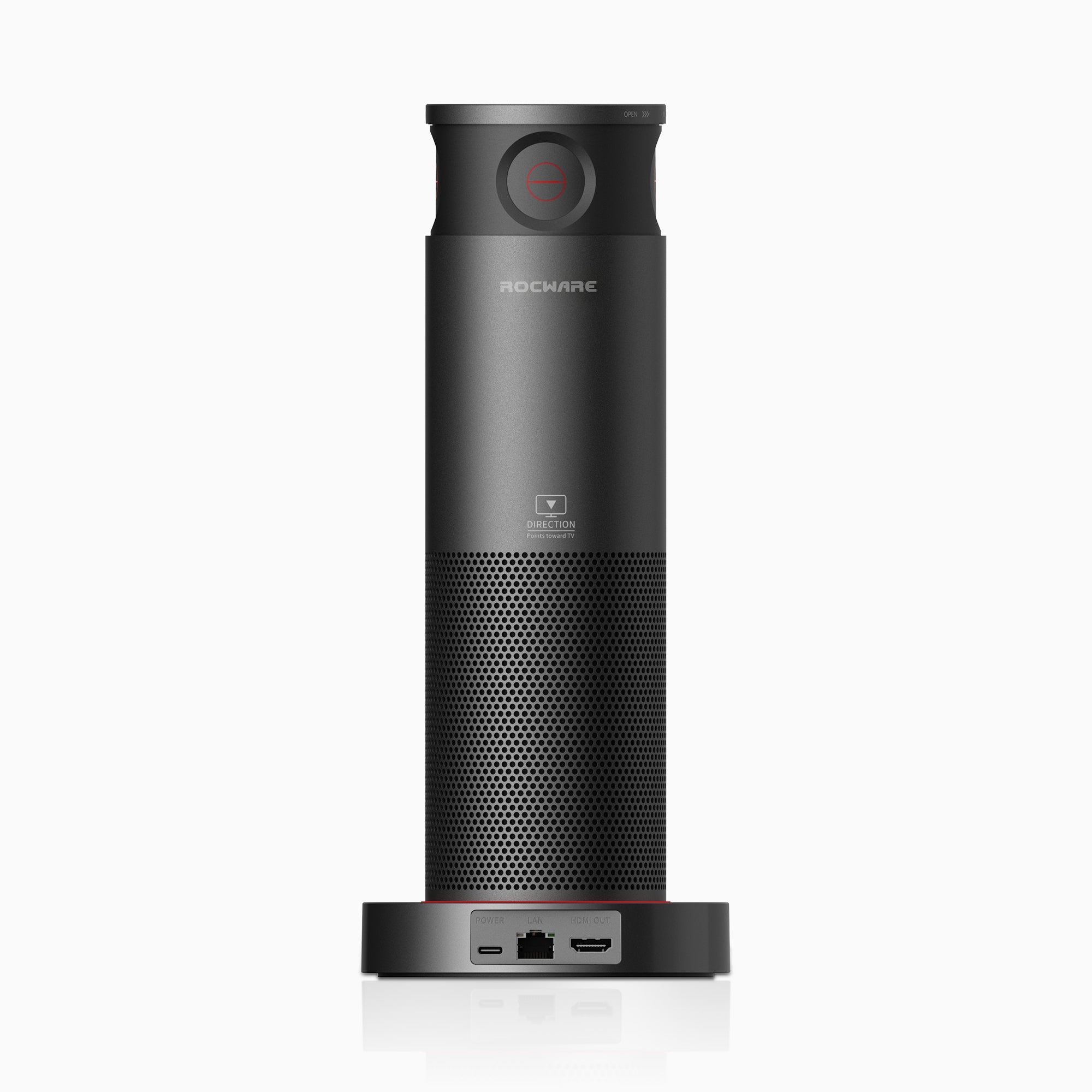 Front view of Rocware RC360 conference camera showing ports and brand logo.